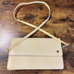 Vintage 90s Croc Embossed Leather Envelope Clutch Shoulder Bag Cream Minimalist